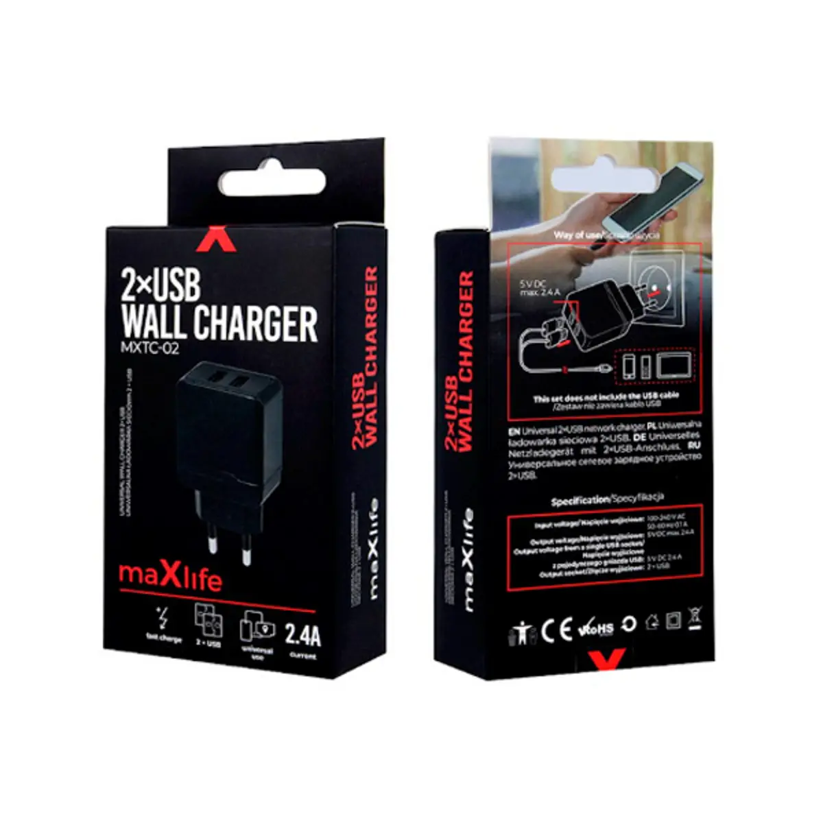 Punjač Maxlife brzi MXTC-02 2xUSB 2,4A crni